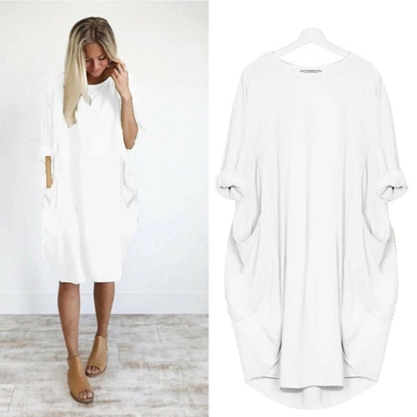 Women’s Casual Long Sleeve Pocket Dress – 17 Colors Cotton Knit - White, 6XL-UK24