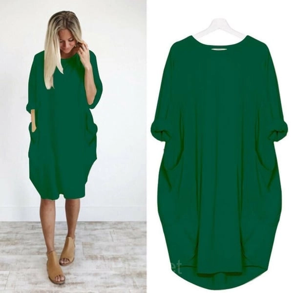 Women’s Casual Long Sleeve Pocket Dress – 17 Colors Cotton Knit - Dark Green, L-UK12