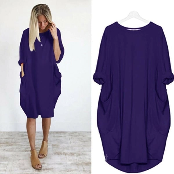 Women’s Casual Long Sleeve Pocket Dress – 17 Colors Cotton Knit - Purple, 5XL-UK22