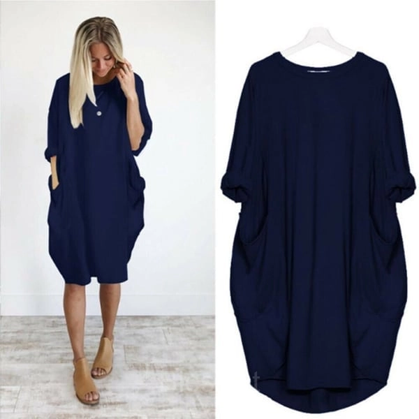 Women’s Casual Long Sleeve Pocket Dress – 17 Colors Cotton Knit - Navy, L-UK12