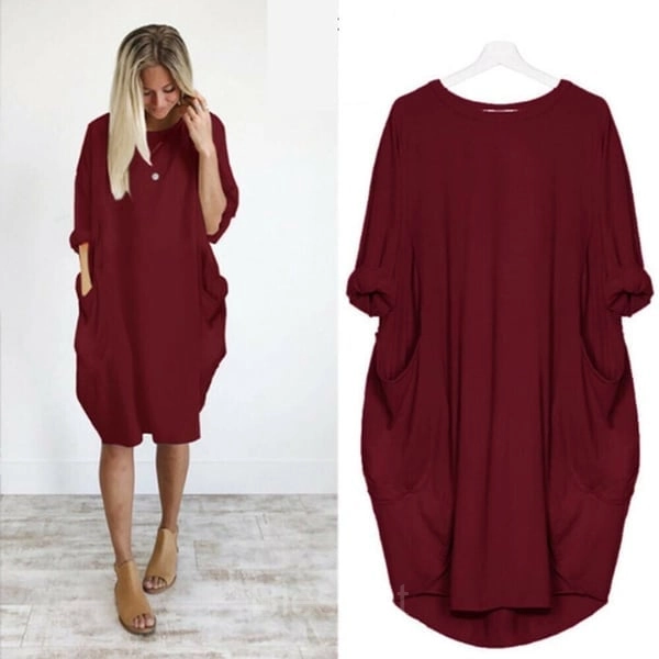 Women’s Casual Long Sleeve Pocket Dress – 17 Colors Cotton Knit - Wine Red, S-UK8