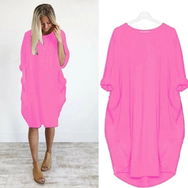 Women’s Casual Long Sleeve Pocket Dress – 17 Colors Cotton Knit - Rose Red, 3XL-UK18