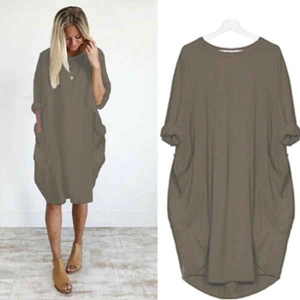 Women’s Casual Long Sleeve Pocket Dress – 17 Colors Cotton Knit - Khaki, 6XL-UK24
