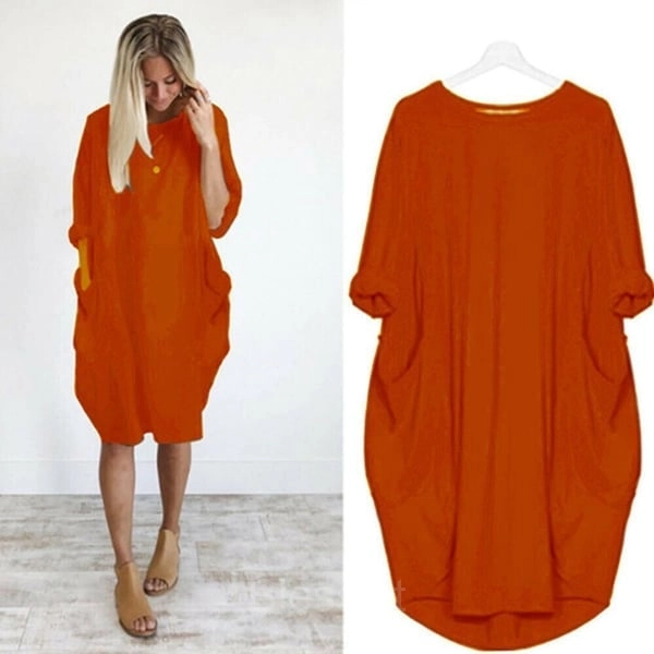 Women’s Casual Long Sleeve Pocket Dress – 17 Colors Cotton Knit - Orange, 2XL-UK16