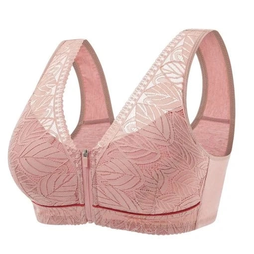 Nature Cotton Wireless Front-Zip Comfort Bra with No Steel Ring - Pink, L