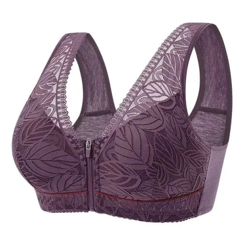 Nature Cotton Wireless Front-Zip Comfort Bra with No Steel Ring - Purple, 3XL