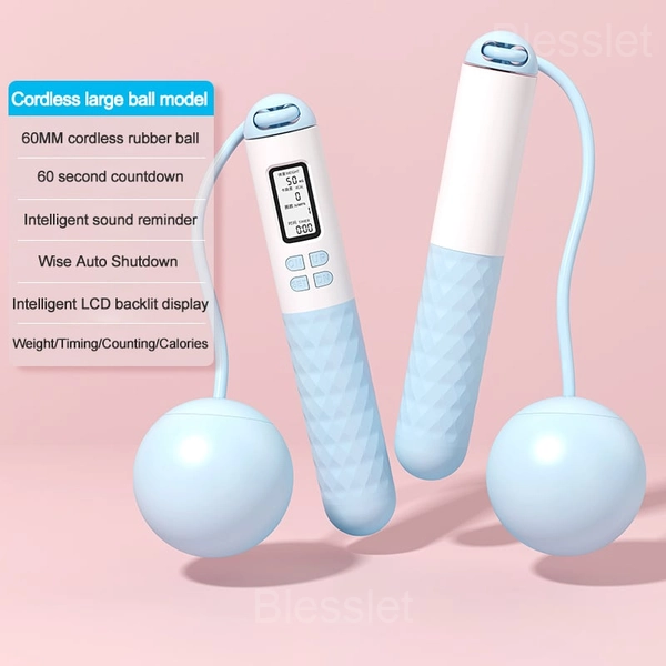 Digital Jump Rope with Counter – Portable Fitness Skipping Rope - Blue, Cordless large ball model