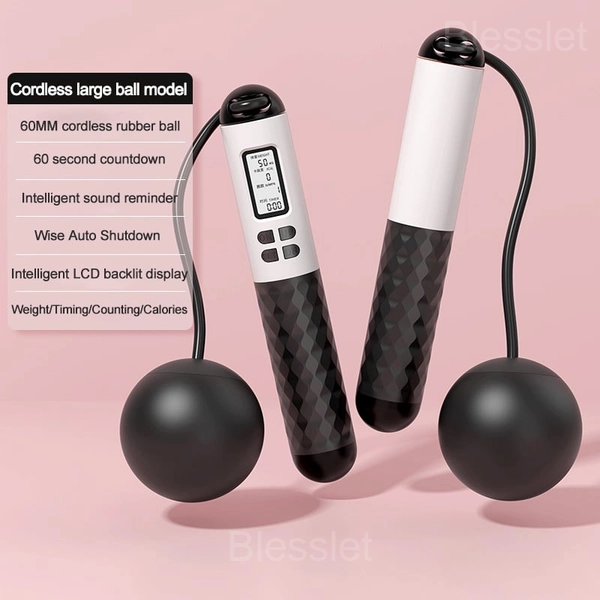 Digital Jump Rope with Counter – Portable Fitness Skipping Rope - Black and white, Cordless large ball model