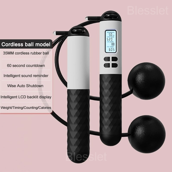 Digital Jump Rope with Counter – Portable Fitness Skipping Rope - Black and white, Cordless ball model