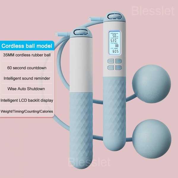 Digital Jump Rope with Counter – Portable Fitness Skipping Rope - Blue, Cordless ball model