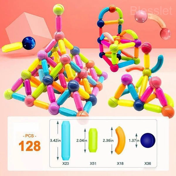 Magnetic Balls and Rods Building Blocks – STEM Educational Toy for Kids - 128pcs👍Most Parental Choice