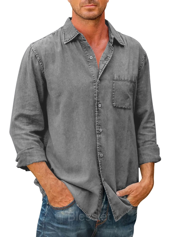 Men's Classic Long Sleeve Button-Down Shirt - Comfortable Fit - Grey, 3XL
