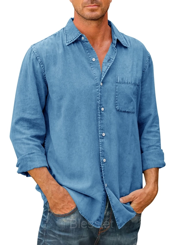 Men's Classic Long Sleeve Button-Down Shirt - Comfortable Fit - Blue, 2XL