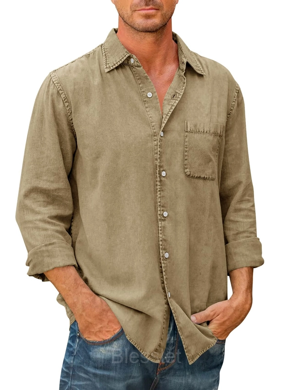 Men's Classic Long Sleeve Button-Down Shirt - Comfortable Fit - Khaki, 5XL