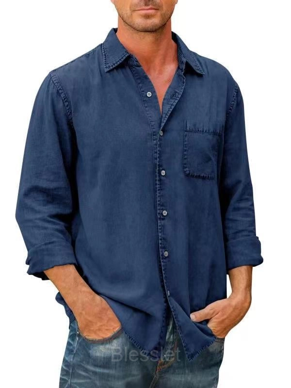 Men's Classic Long Sleeve Button-Down Shirt - Comfortable Fit - Navy, 3XL