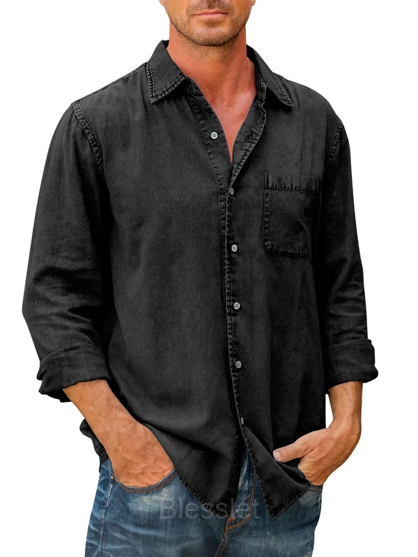 Men's Classic Long Sleeve Button-Down Shirt - Comfortable Fit - Black, L