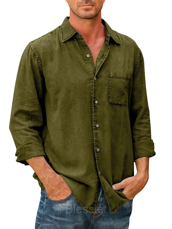 Men's Classic Long Sleeve Button-Down Shirt - Comfortable Fit - Green, XL
