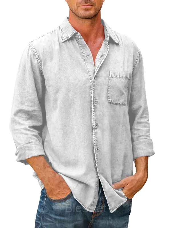 Men's Classic Long Sleeve Button-Down Shirt - Comfortable Fit - White, L