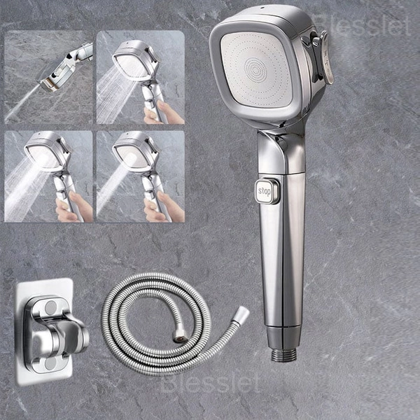 Multi-Functional High Pressure Shower Head with 4 Spray Modes & Filter - Silver, 🔥🔥Shower Head + Holder + Hose