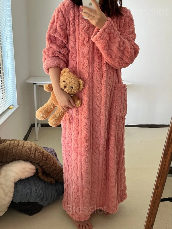 Winter Coral Velvet Home Clothes Cozy Loungewear Set - Pink, M（length130cm）