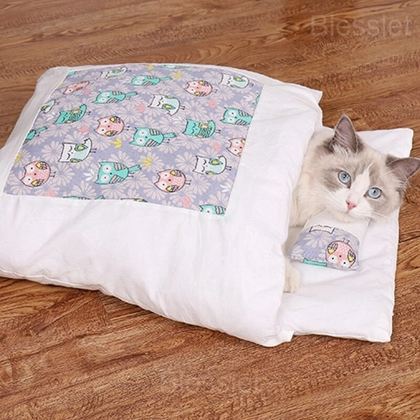 Cozy Movable Winter Cat House with Soft Cotton Velvet - S, Purple owl