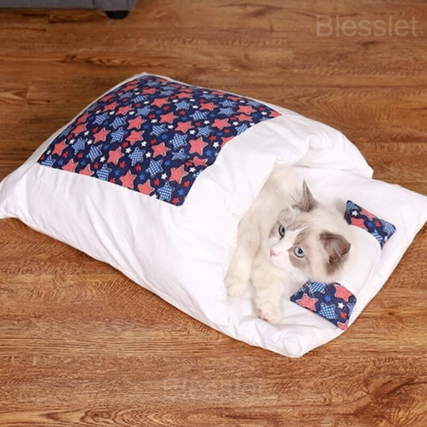 Cozy Movable Winter Cat House with Soft Cotton Velvet - M, Blue star