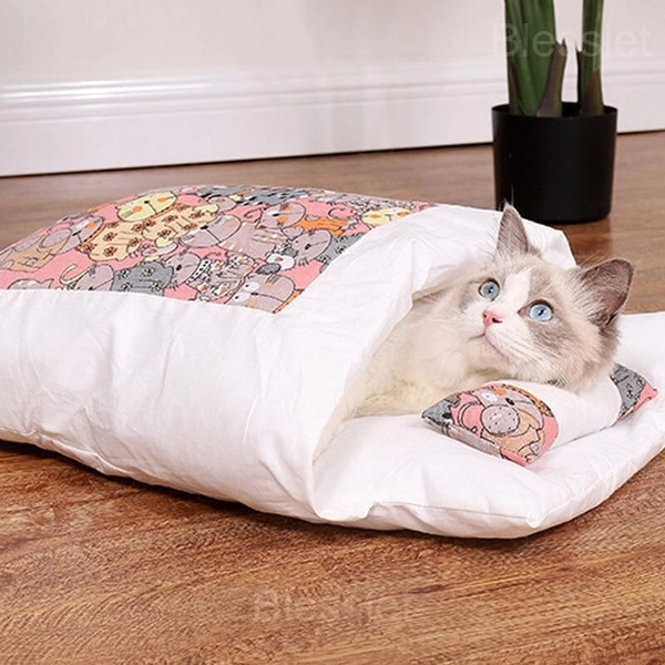 Cozy Movable Winter Cat House with Soft Cotton Velvet - S, Pink cat