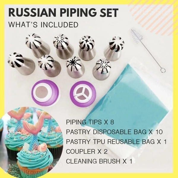 Premium Cake Decorating Piping Tips Set with Pastry Bags & Accessories - russian piping (22 piece set)
